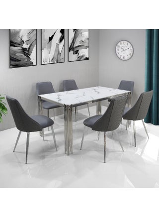 Vanity Living 6-Seater Marble Dining Table Set with Chairs - AED 3,690 on Noon, 46% Price Drop